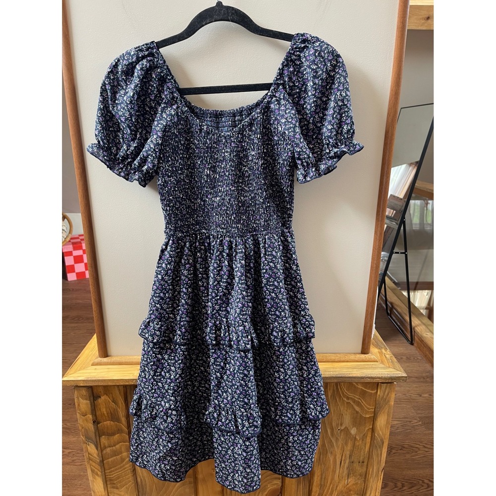 S. DEER CONCEPT Floral Dress Womens S Navy Purple Smocked Tiered Ruffle Mini